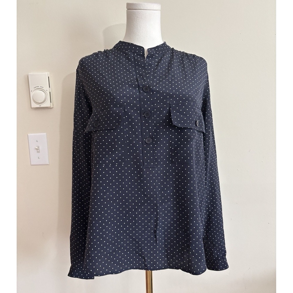 VINCE Womens Small 100% Silk Blouse Navy Blue Polka Dot Casual Office Chic Top